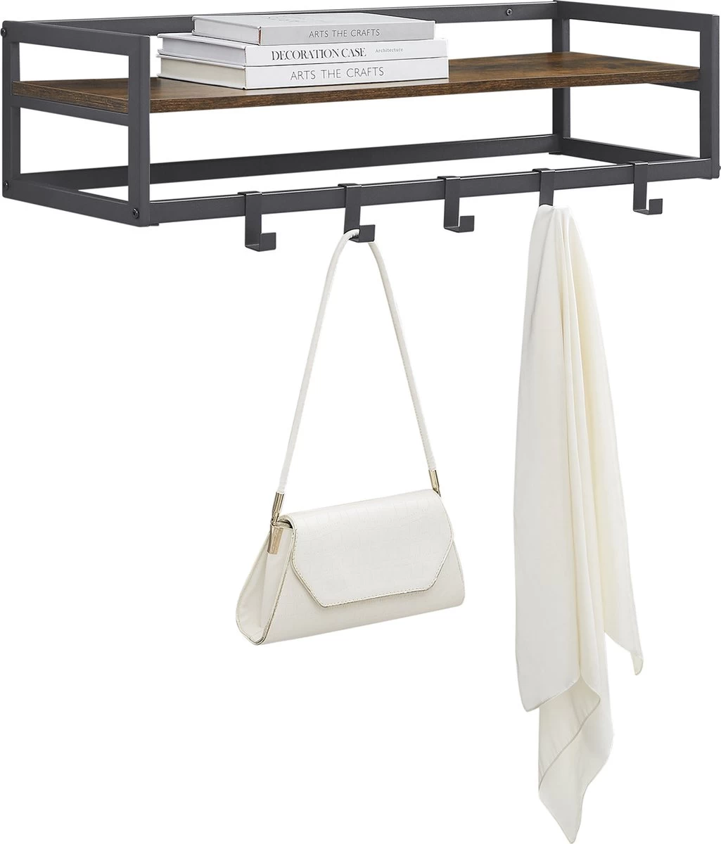MIRA Home - Industriële Wandkapstok Met Houten Plank En 6 Haken - Zwart Metalen Frame - 80cm Breed - Afbeelding 5