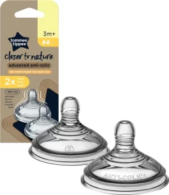 Tommee Tippee Advanced Anti-Colic Zuigfles Spenen, Borst-achtig, Zacht Silicone, Normale Uitstroomsnelheid, 3m+, Verpakking Van 2