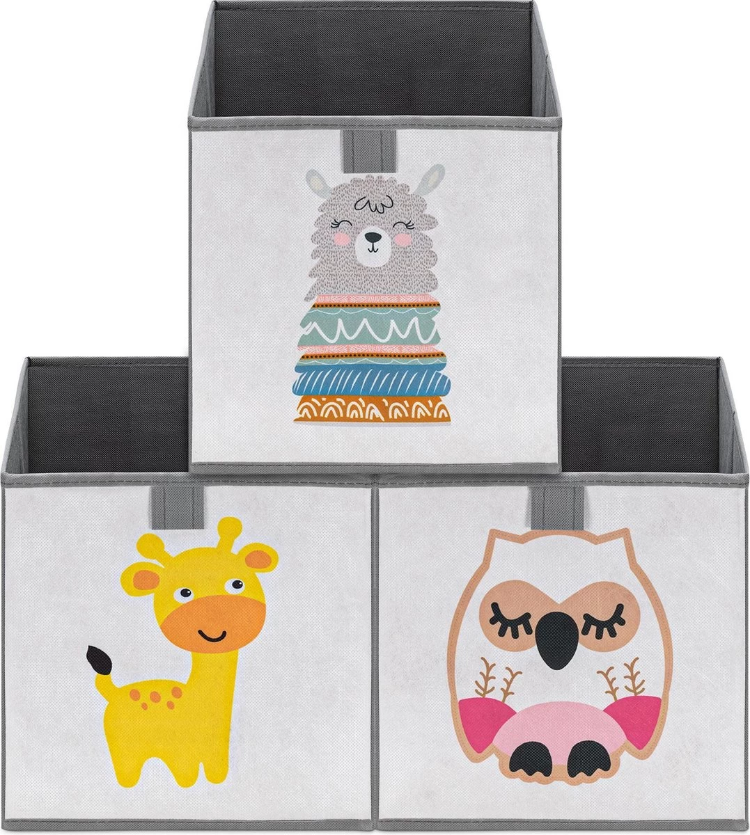 Navaris Opbergdozen Voor Kinderen - Set Van 3 Opbergboxen Met Treklus - 28 X 28 X 28 Cm - Opvouwbaar - Speelgoedbakken Met Dierenmotief - Afbeelding 2