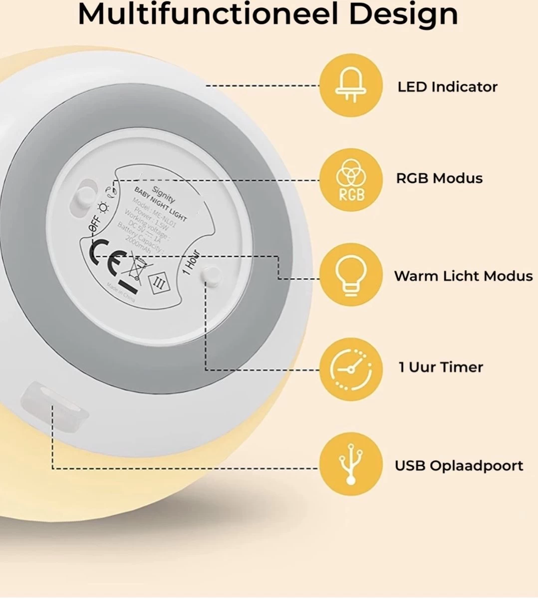 Merkloos Signity Oplaadbaar Nachtlampje Voor Kinderen - Warm Wit - Nachtlampje Baby - Dimbaar En Draadloos - Timer- En Geheugenfunctie - USB Oplaadbaar Nachtlampje Volwassenen - Afbeelding 2