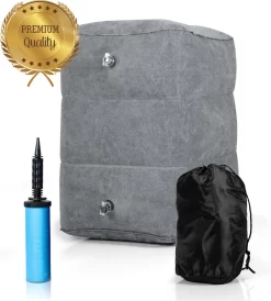 Merkloos Voetensteun - Vliegtuigbedje - Premium Quality - Reisbedje - 3 Hoogtestanden - Vliegtuig Kussen - Voetenbankje Of Poef - Met Opbergzakje & Pomp - Grijs