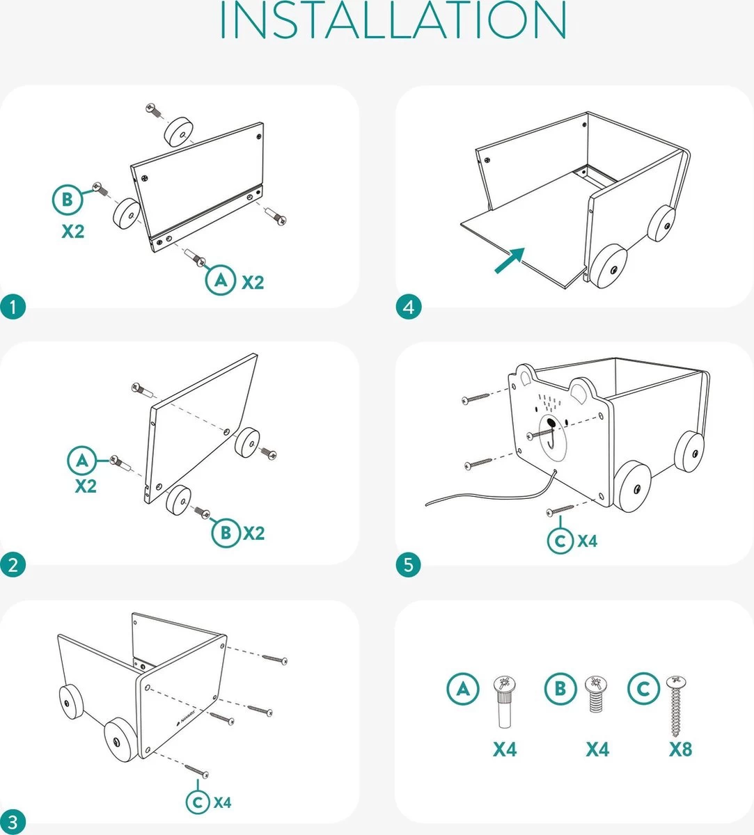 Navaris Houten Speelgoedkist Op Wielen - Opbergbox Voor Speelgoed - Inclusief Trektouw - Beer - 25,5 X 24 X 20 Cm - Bruin - Afbeelding 4