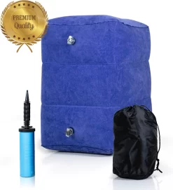 Merkloos Voetensteun - Vliegtuigbedje - Premium Quality - Reisbedje - 3 Hoogtestanden - Vliegtuig Kussen - Voetenbankje Of Poef - Met Opbergzakje & Pomp - Blauw