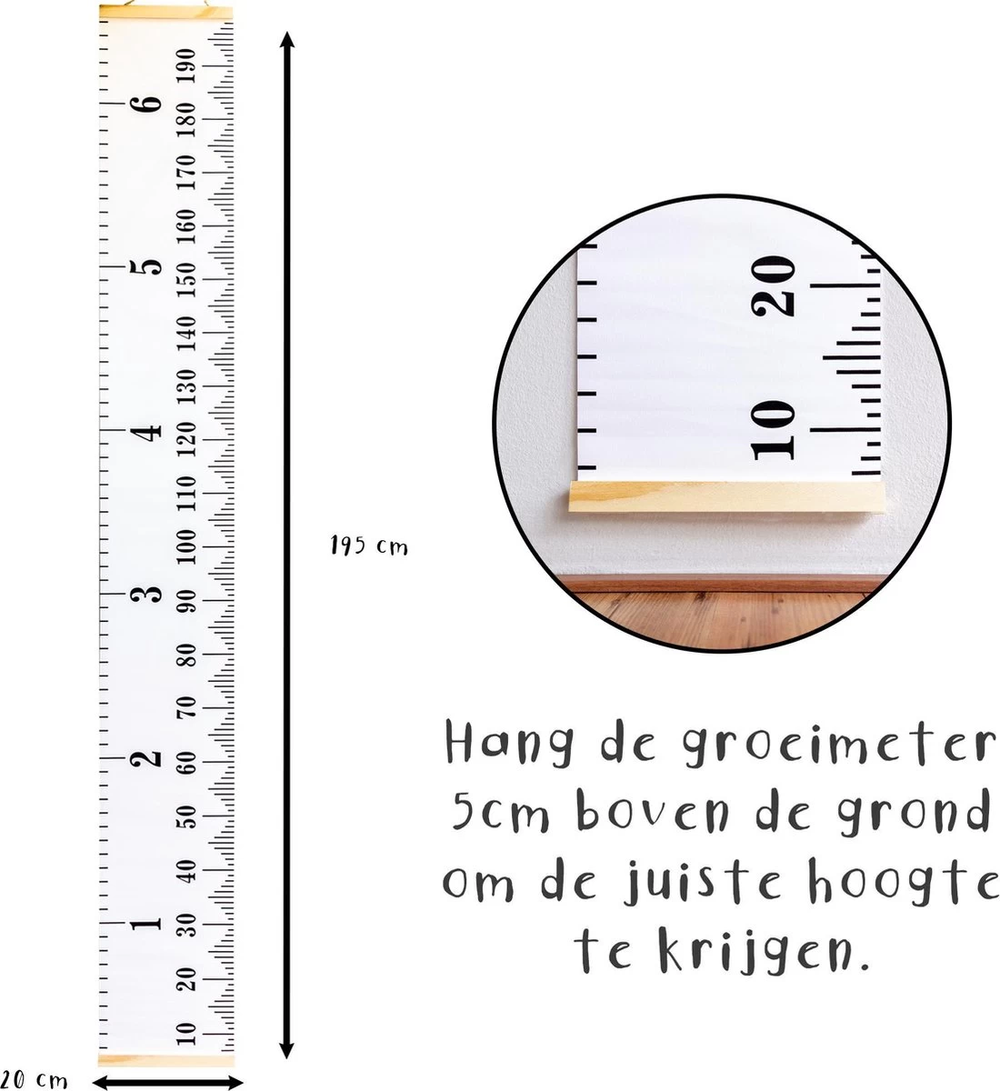 Frummel Groeimeter Hout & Canvas Blanco - Kinderkamer Decoratie | Babykameraccessoires | Wanddecoratie | Kraamcadeau | Kinderkamer Decoratie |Babykamer Accessoires - Afbeelding 2