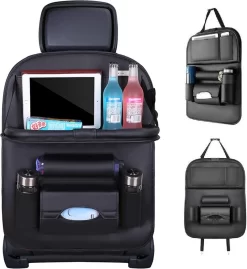 RAMBUX® - Autostoel Organizer Met Tray - Organizer Auto Stoelhoes Met Uitklapbare Tafel - Duurzaam Mat Zwart PU Leer Kunstleer - Tablethouder - Telefoonhouder - Fleshouder