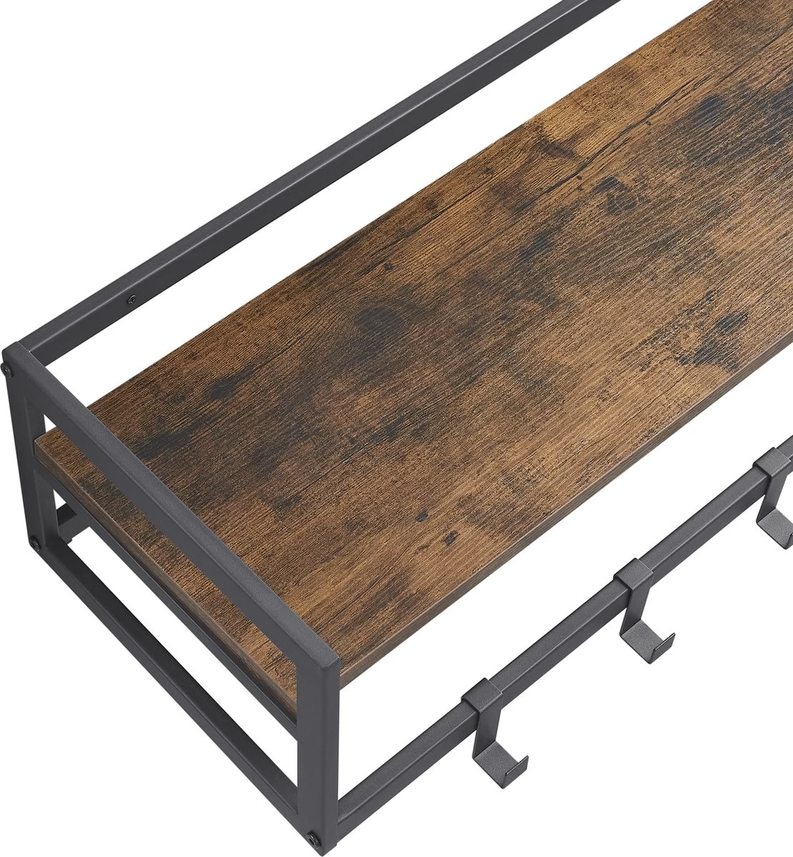 MIRA Home - Industriële Wandkapstok Met Houten Plank En 6 Haken - Zwart Metalen Frame - 80cm Breed - Afbeelding 2