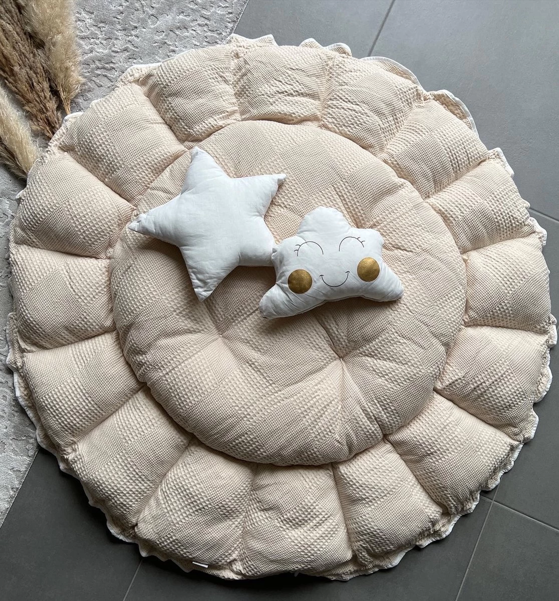 Bébélunes Waffle Beige - Babynest - Speelnest - Speelkleed - Speelmat - Beige - 140cm - Inclusief Speelkussens - Afbeelding 5