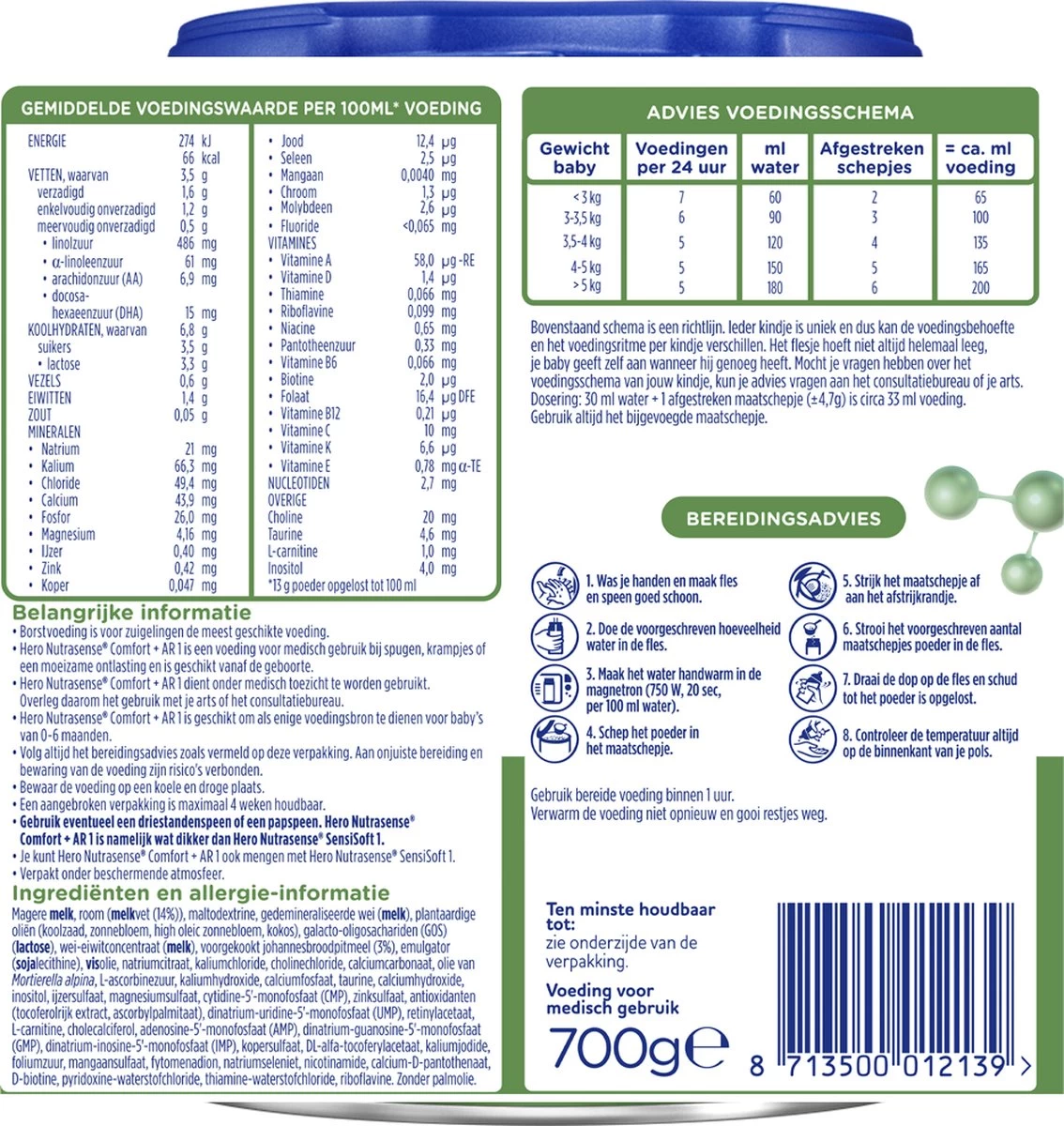 Hero Baby Nutrasense Comfort+ 1 - Flesvoeding Van 0 Tot 6 Maanden - 3 X 700 Gram - Afbeelding 2