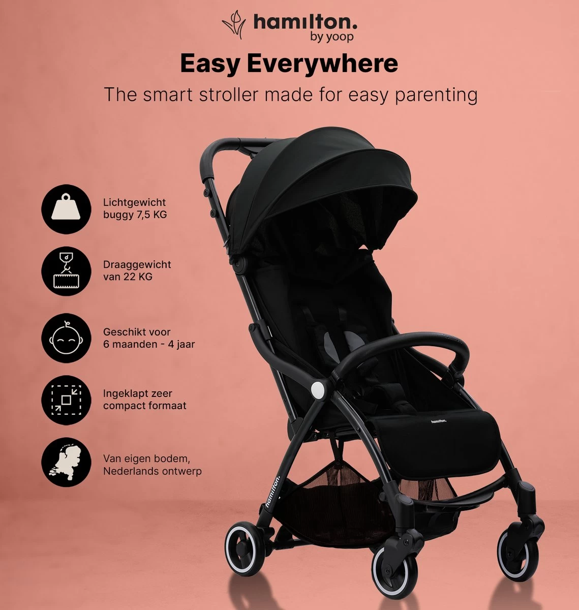 Hamilton By Yoop S1 Plus Buggy – Nieuw En Hoger 2023 Model – Premium Budget Stroller Met One Hand Folding Technologie – Zwart/Antraciet – Lichte, Verstelbare En Wendbare Kinderwagen Met Vele Gemakken - Afbeelding 5