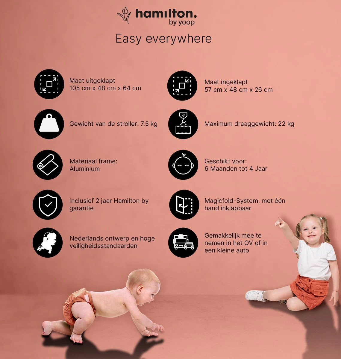 Hamilton By Yoop S1 Plus Buggy Met Monteerbare Premium Wieg – Nieuwer En Hoger 2023 Model - Stroller Met One Hand Folding Technologie – Zwart/Antraciet - Licht, Verstelbaar, Wendbaar - Geschikt Van 0 Maanden Tot 4 Jaar - Afbeelding 3