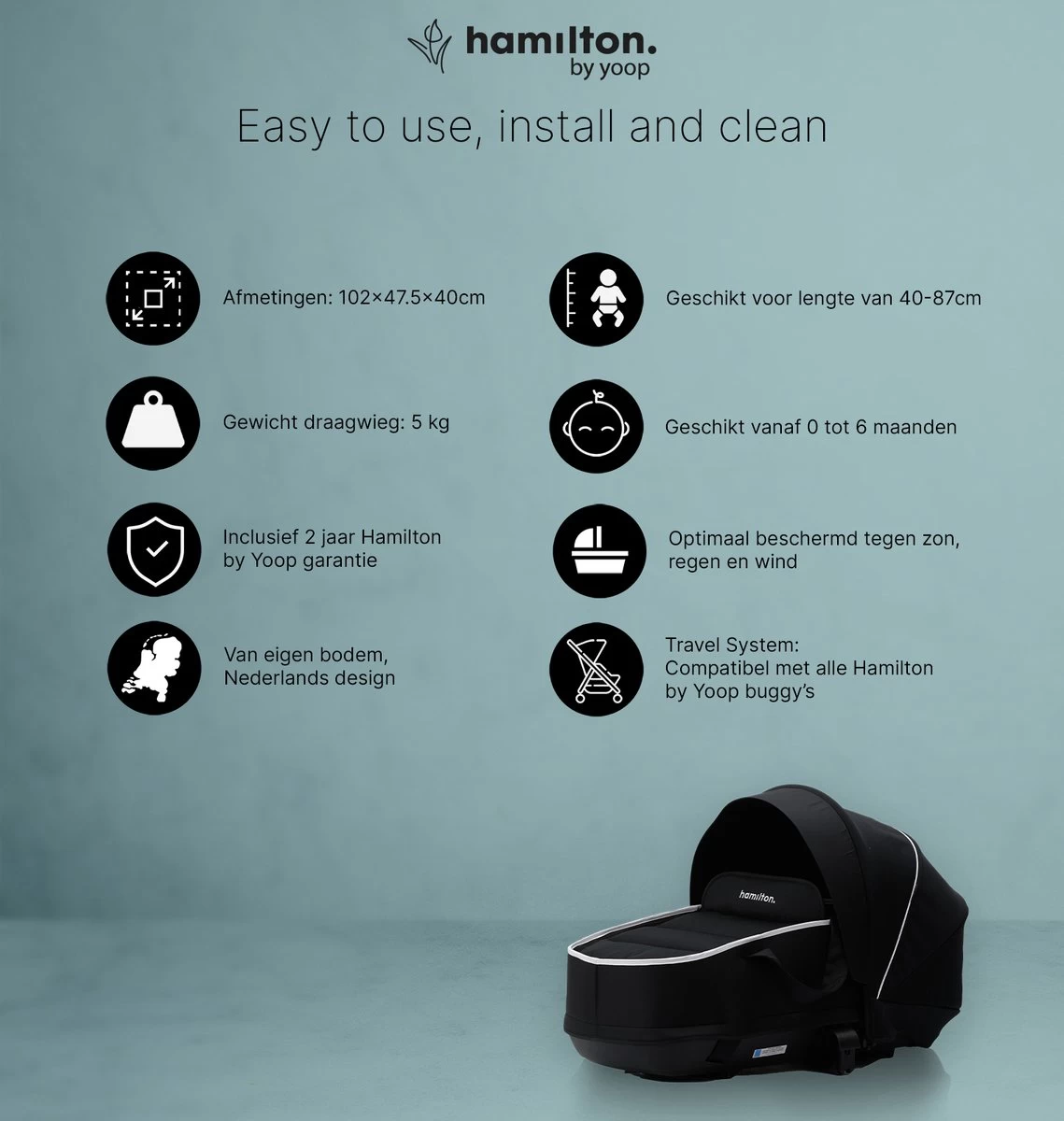 Hamilton By Yoop S1 Plus Buggy Met Monteerbare Premium Wieg – Nieuwer En Hoger 2023 Model - Stroller Met One Hand Folding Technologie – Zwart/Antraciet - Licht, Verstelbaar, Wendbaar - Geschikt Van 0 Maanden Tot 4 Jaar - Afbeelding 5