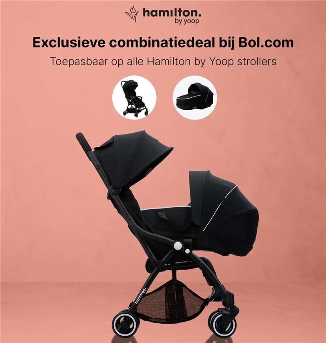 Hamilton By Yoop S1 Plus Buggy Met Monteerbare Premium Wieg – Nieuwer En Hoger 2023 Model - Stroller Met One Hand Folding Technologie – Zwart/Antraciet - Licht, Verstelbaar, Wendbaar - Geschikt Van 0 Maanden Tot 4 Jaar - Afbeelding 2