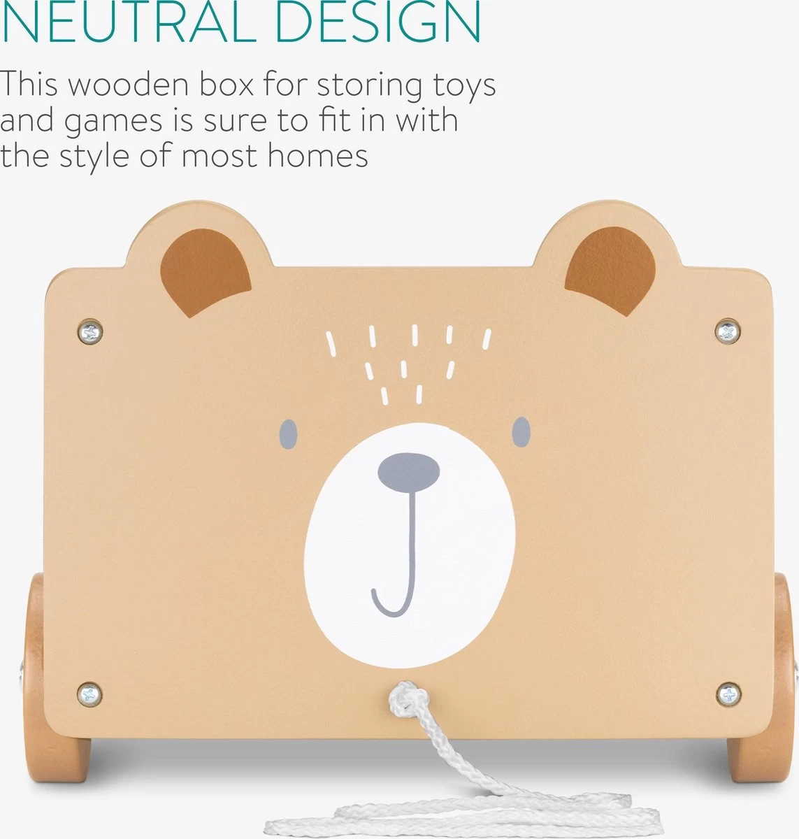 Navaris Houten Speelgoedkist Op Wielen - Opbergbox Voor Speelgoed - Inclusief Trektouw - Beer - 25,5 X 24 X 20 Cm - Bruin - Afbeelding 5