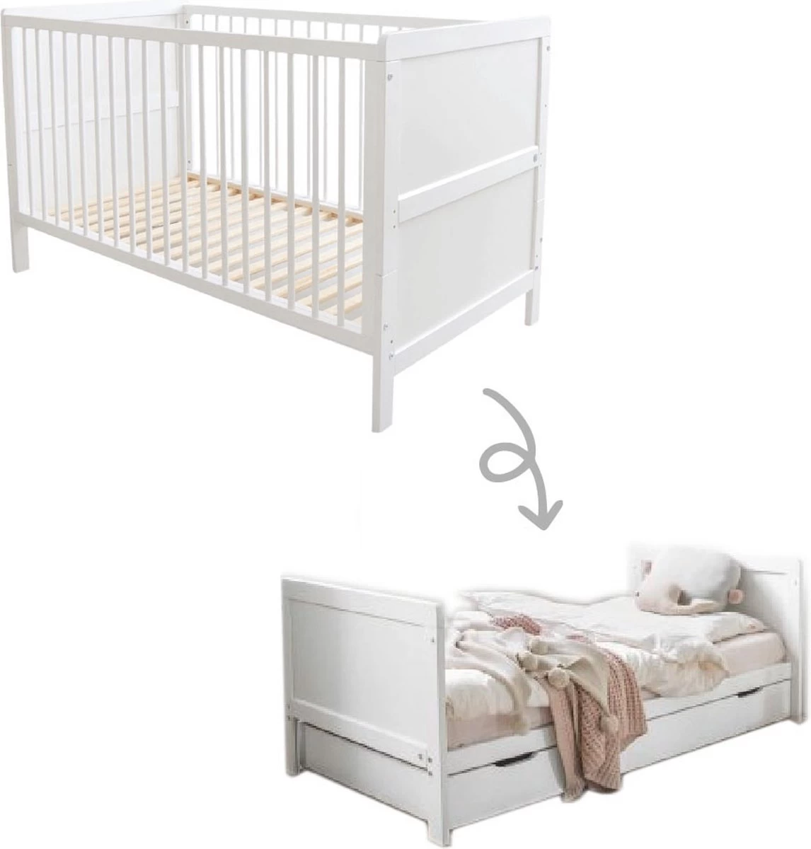 Petite Amélie ® Ledikant - Babybed Wit 70x140 Cm - Meegroeibed 0 - 6 Jaar - Groeit Met Je Kind Mee
