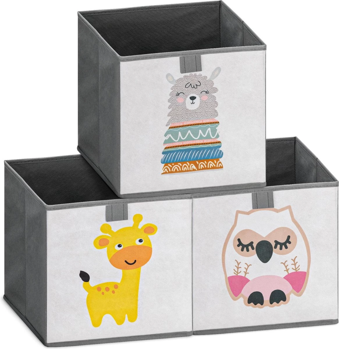 Navaris Opbergdozen Voor Kinderen - Set Van 3 Opbergboxen Met Treklus - 28 X 28 X 28 Cm - Opvouwbaar - Speelgoedbakken Met Dierenmotief