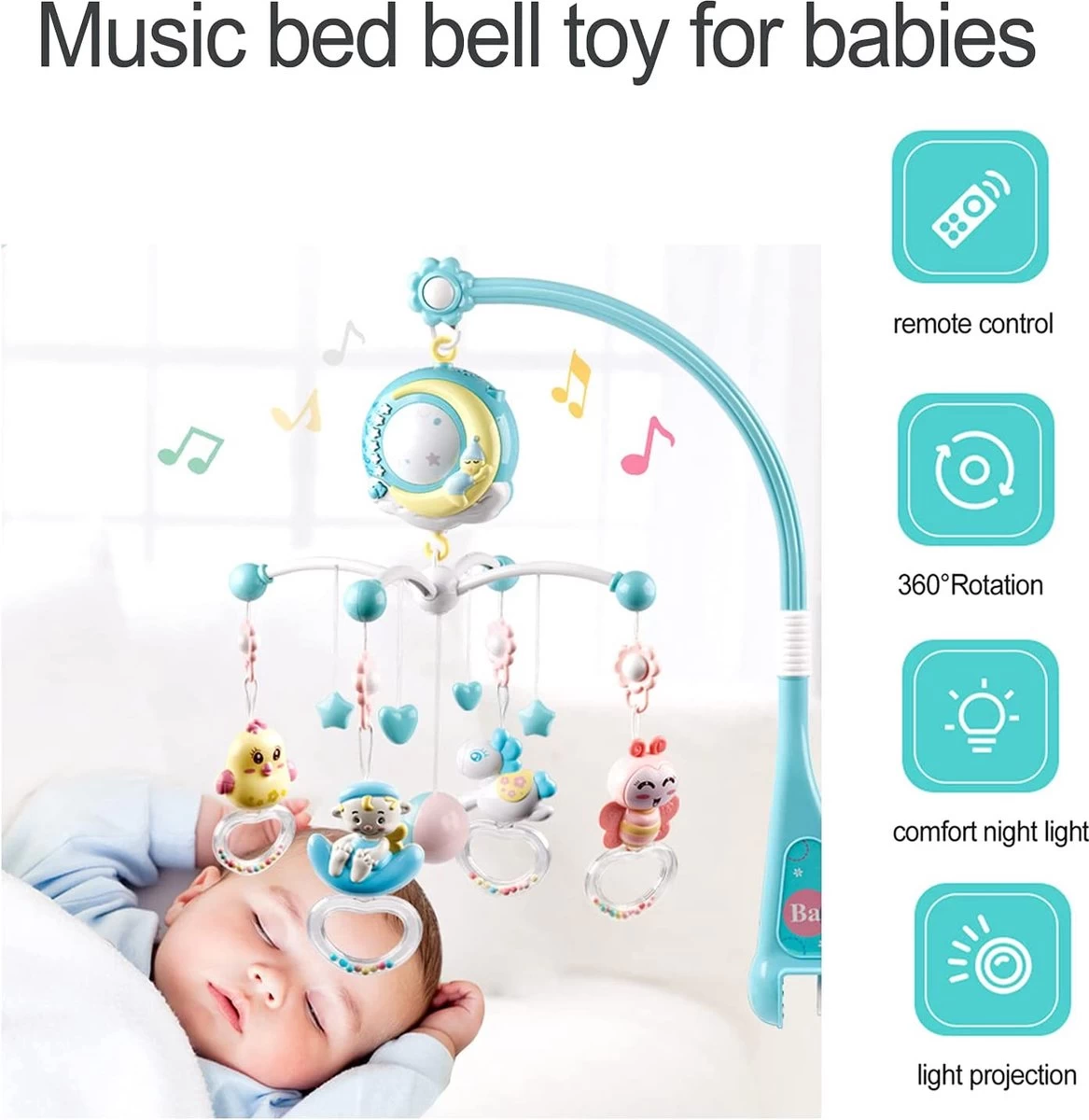 Baby Muzikale Wieg Mobiel, Alldo 360 ° Draaibare Mobiele Wieg Voor Baby's Met Muziek, Verlichting, Multifunctioneel Hangend Born Cot Toy Bedbel Speelgoed Met Afstandsbediening En Projectie - Afbeelding 5
