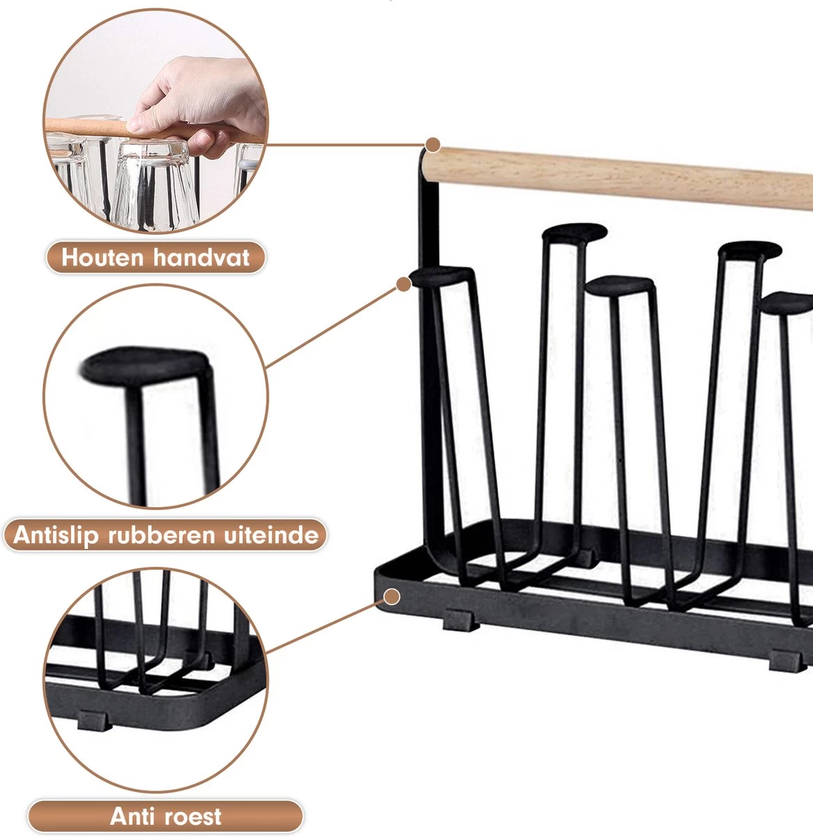 Flessenrek - Droogrek Babyfles - Flessen Rek Baby - Flessendroogrek - Afdruiprek - Afwasrek - Flessenrekje - Lekbak - Égouttoir - Zwart Met Houten Handvat - Vetalo - Afbeelding 5