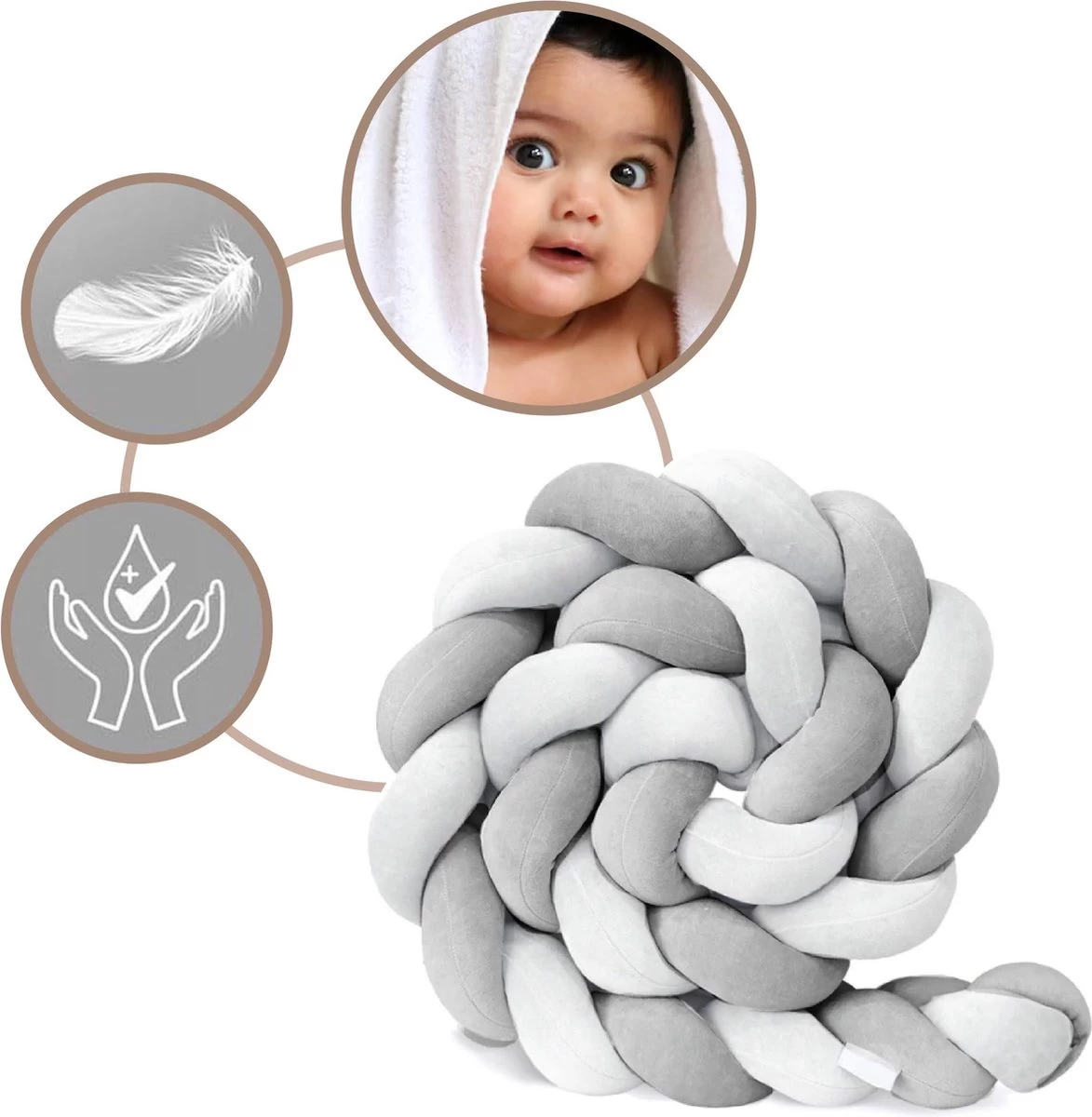 Bedbumper - Bedomrander - Bedbumper Ledikant - Bedbumper Gevlochten - Boxomrander - Babykamer Accessoires - 2 Meter - Katoen - Grijs/wit - Afbeelding 3