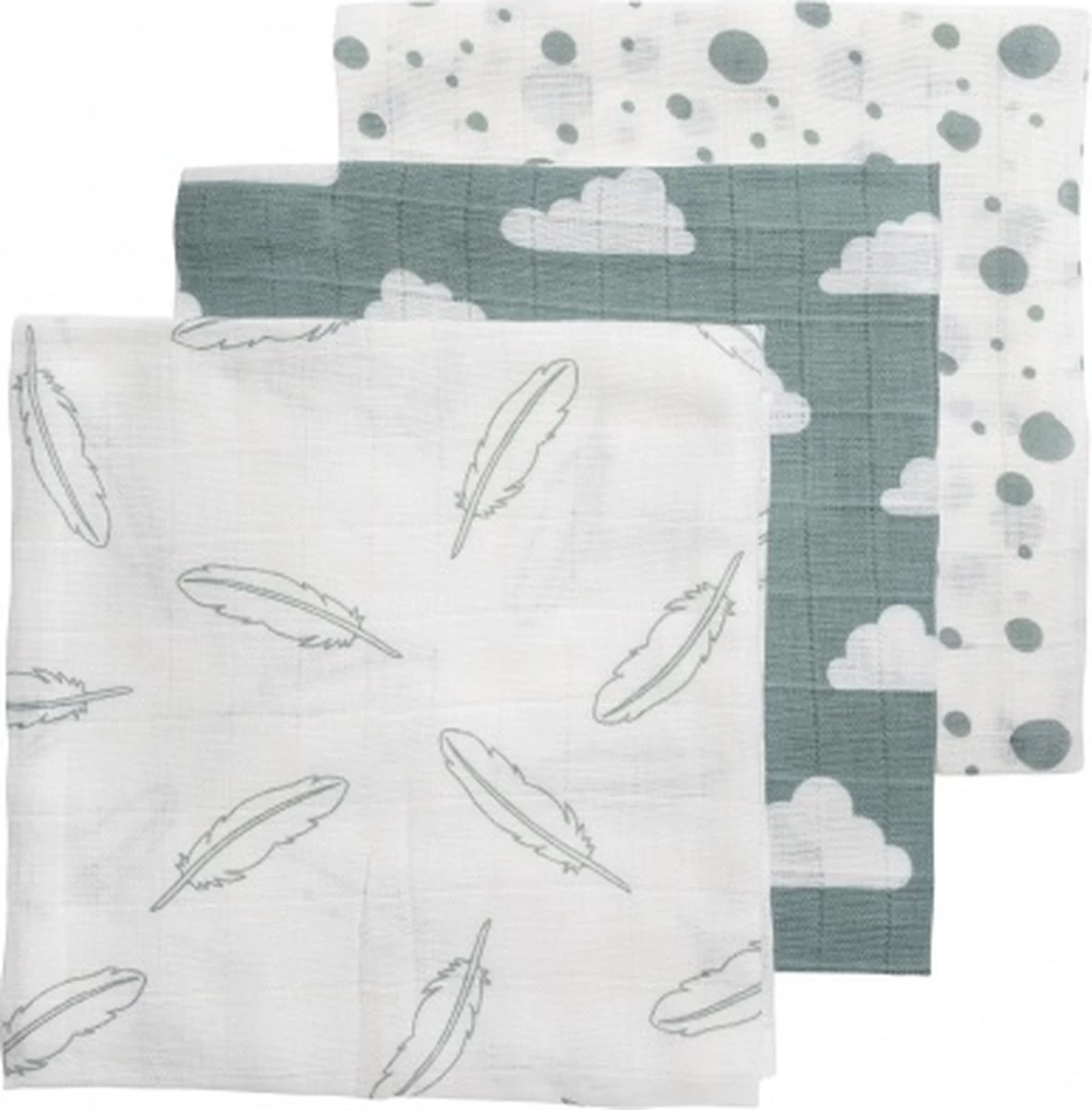 Meyco Clouds/Dots/Feathers Hydrofiele Doeken - 3-pack - Stone Green - 70x70cm - Afbeelding 3