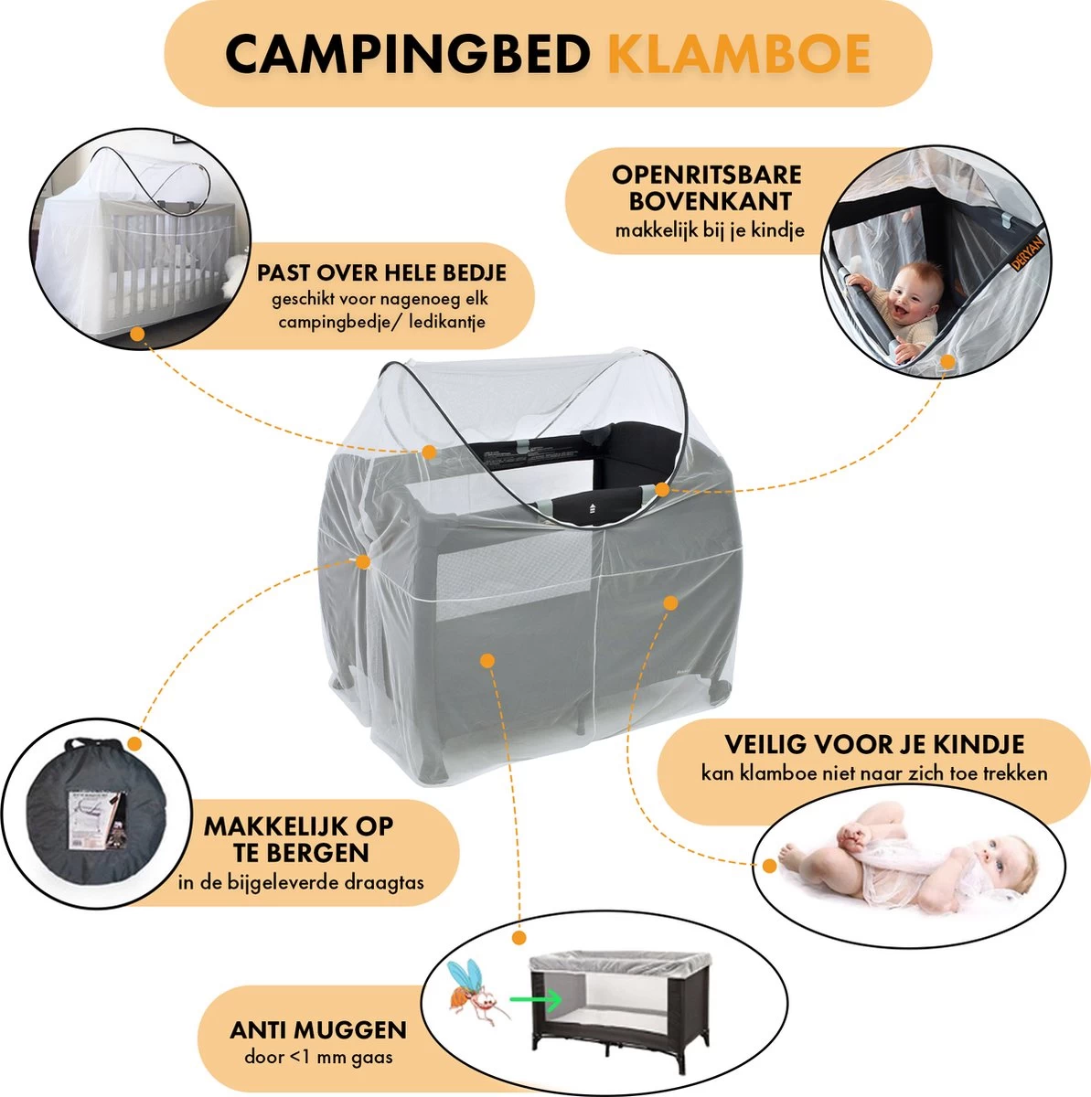 Deryan Luxe Klamboe Voor Campingbed - Klamboe Voor Ledikant - Babyklamboe - Universeel - Afbeelding 2