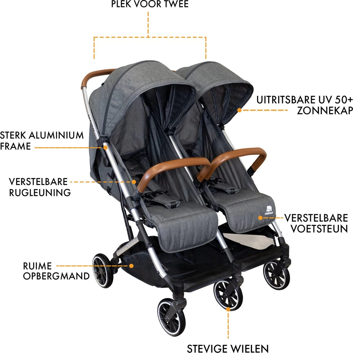 Deryan Luxe Rolo X2 Dubbele Buggy - Duo Buggy - Grijs - Afbeelding 7