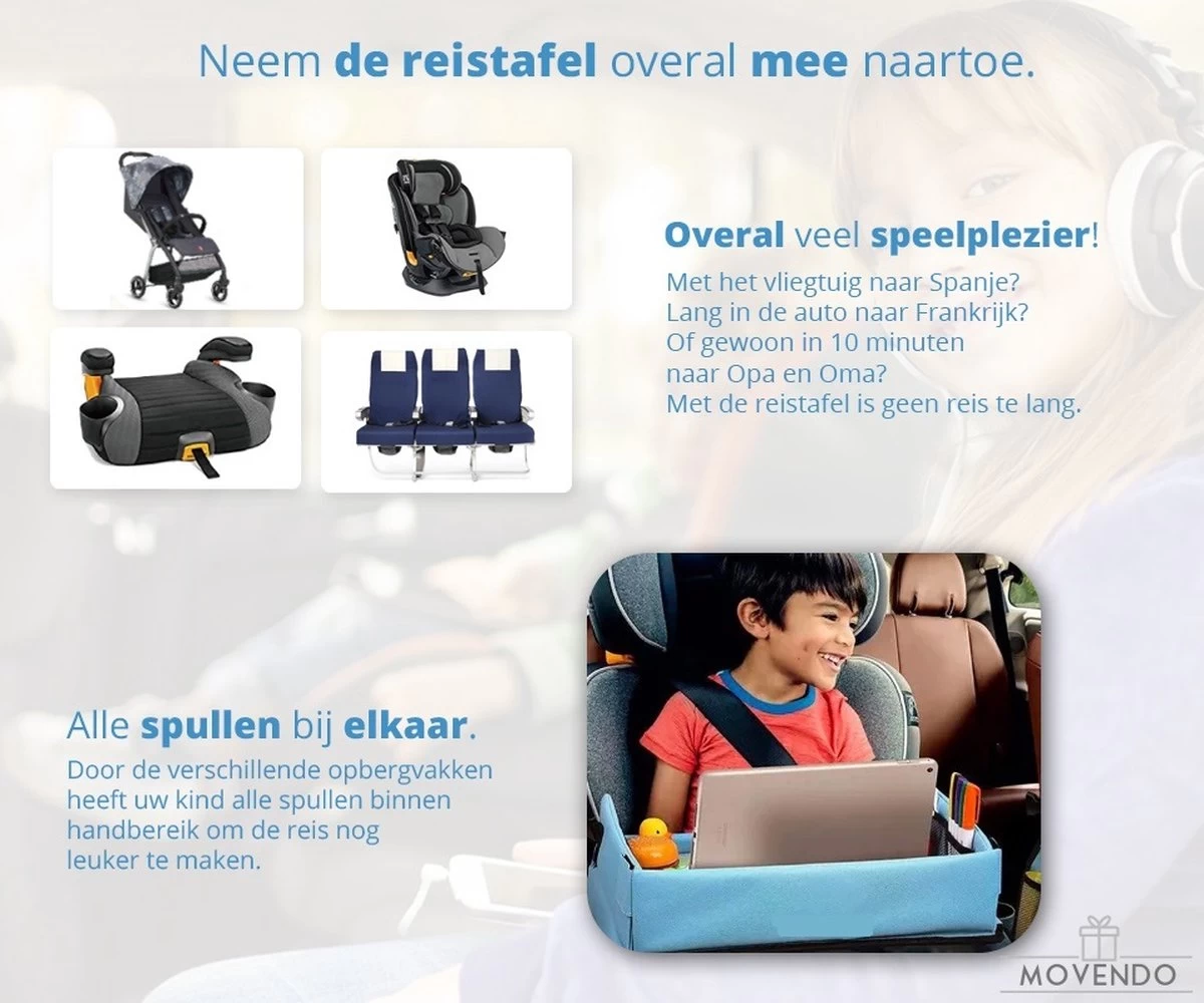 ‘’MOVENDO’’ Reistafel Voor Auto Kinderen – Autotafel – Speeltafel Auto – Travel Tray – Tekentafel – Opvouwbaar Met Tablethouder - Blauw - Afbeelding 5