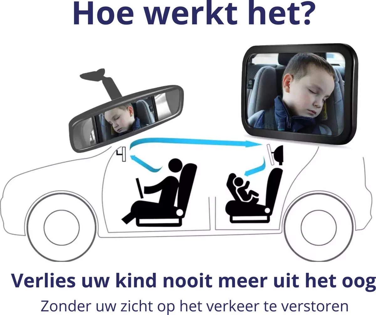 Nelbar Autospiegel Baby Verstelbaar – Achteruitkijkspiegel – Drempelproef – Baby Spiegel Auto Achterbank – Achteruitkijk Spiegel – 360 Graden Verstelbaar – XL Formaat - Afbeelding 7