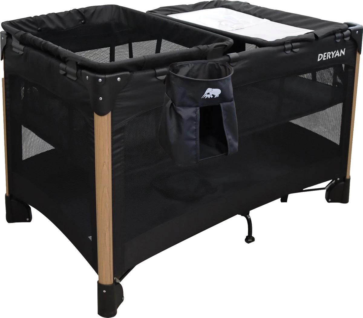 Deryan Luxe Campingbed Compleet - 120x60cm - Bodemverhoger - Verschoonblad - Opbergmand - Zwart - Afbeelding 2