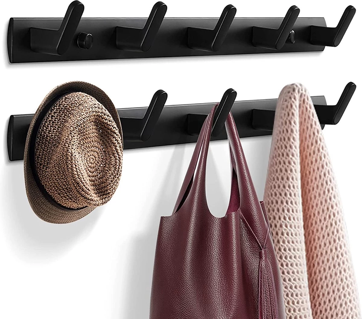 Bonoff Wandkapstok - Set Van 2 - Kapstok – Wandkapstok – Luxe Zwart Moderne Look - 5 Haaks - RVS Metaal – Kapstok Haken – Kapstok Hangend - Kapstokken
