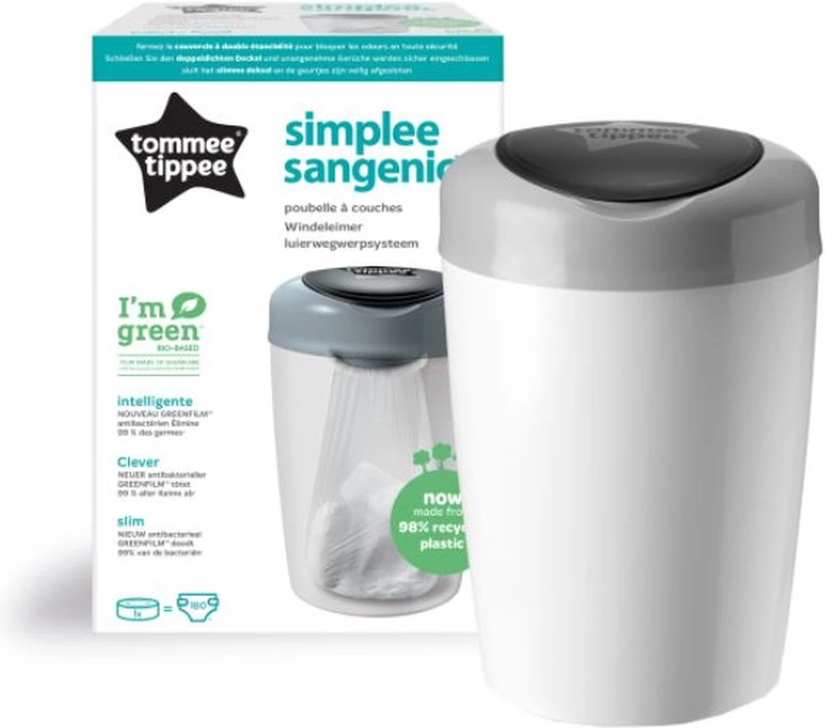 Tommee Tippee Simplee Sangenic Luieremmer, Milieuvriendelijker Systeem, Inclusief 1 Navulcassette Met Duurzaam Geproduceerde Antibacteriële GREENFILM, Grijs