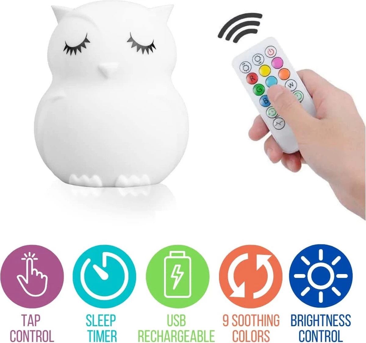 Igoods 8 Kleurige LED Kinder Nachtlampje - Uil - Kinderkamerlamp - Slaaphulp - Afbeelding 2