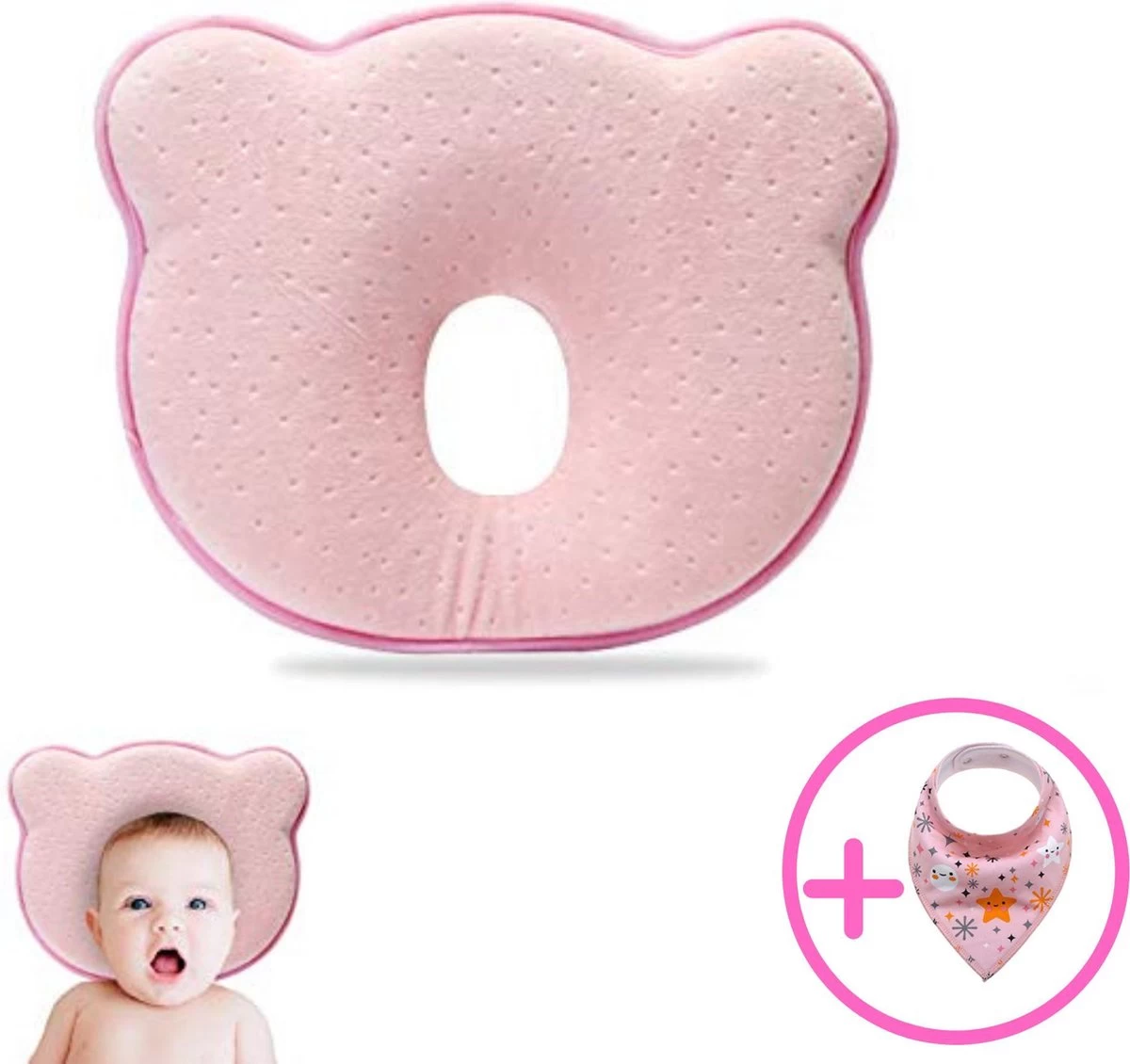 Baby IQ Orthopedisch Baby Hoofdkussen – Traagschuim – Tegen Plat Achterhoofd – Kraamcadeau –Roze – Incl Bandana Slabber - Afbeelding 2