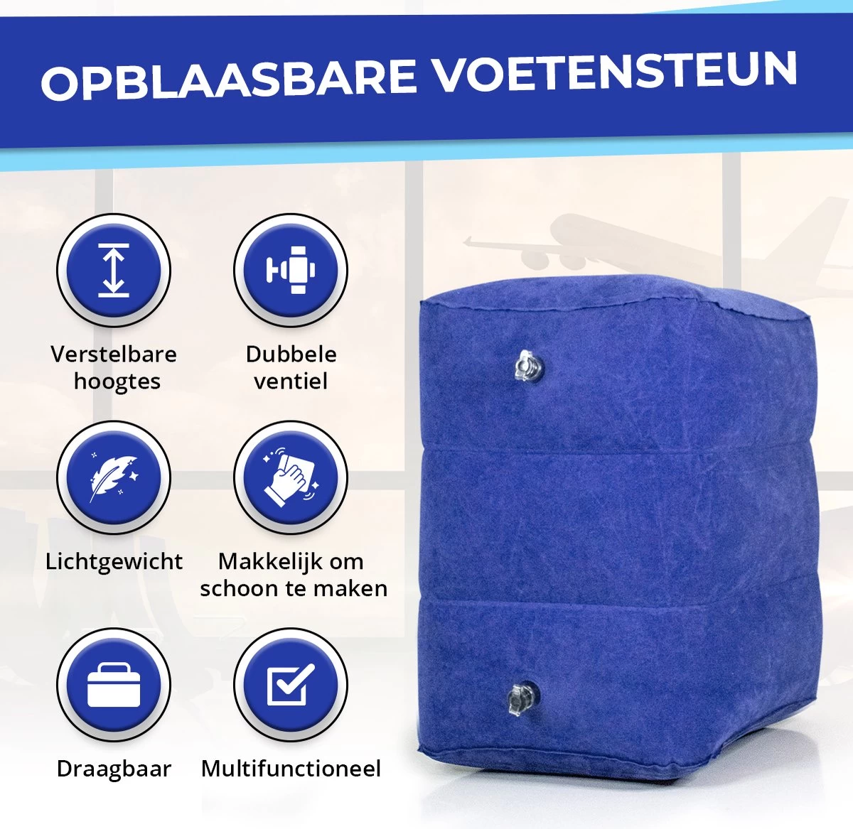 Merkloos Voetensteun - Vliegtuigbedje - Premium Quality - Reisbedje - 3 Hoogtestanden - Vliegtuig Kussen - Voetenbankje Of Poef - Met Opbergzakje & Pomp - Grijs - Afbeelding 5