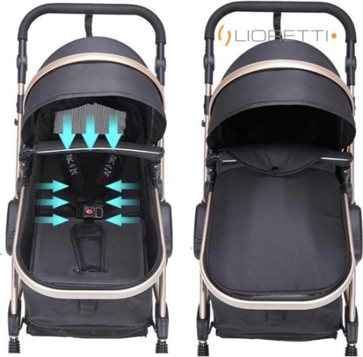 Merkloos Lioretti® Luxe Baby Buggy 3 In 1 | Baby Wagen | Kinderwagen Met Stoel En Wieg | Inklapbaar | Hoge Kwaliteit | Combi | Zwart - Afbeelding 15