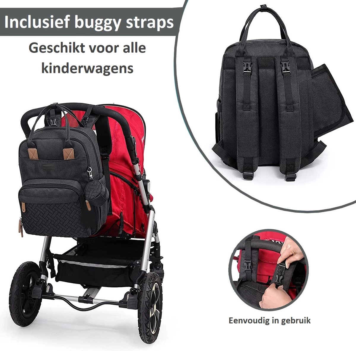 Luiertas Rugzak - Incl. Buggy / Kinderwagen Haken En Verschoningsmat - Complete Set - Zwart Van Zedar - Afbeelding 3
