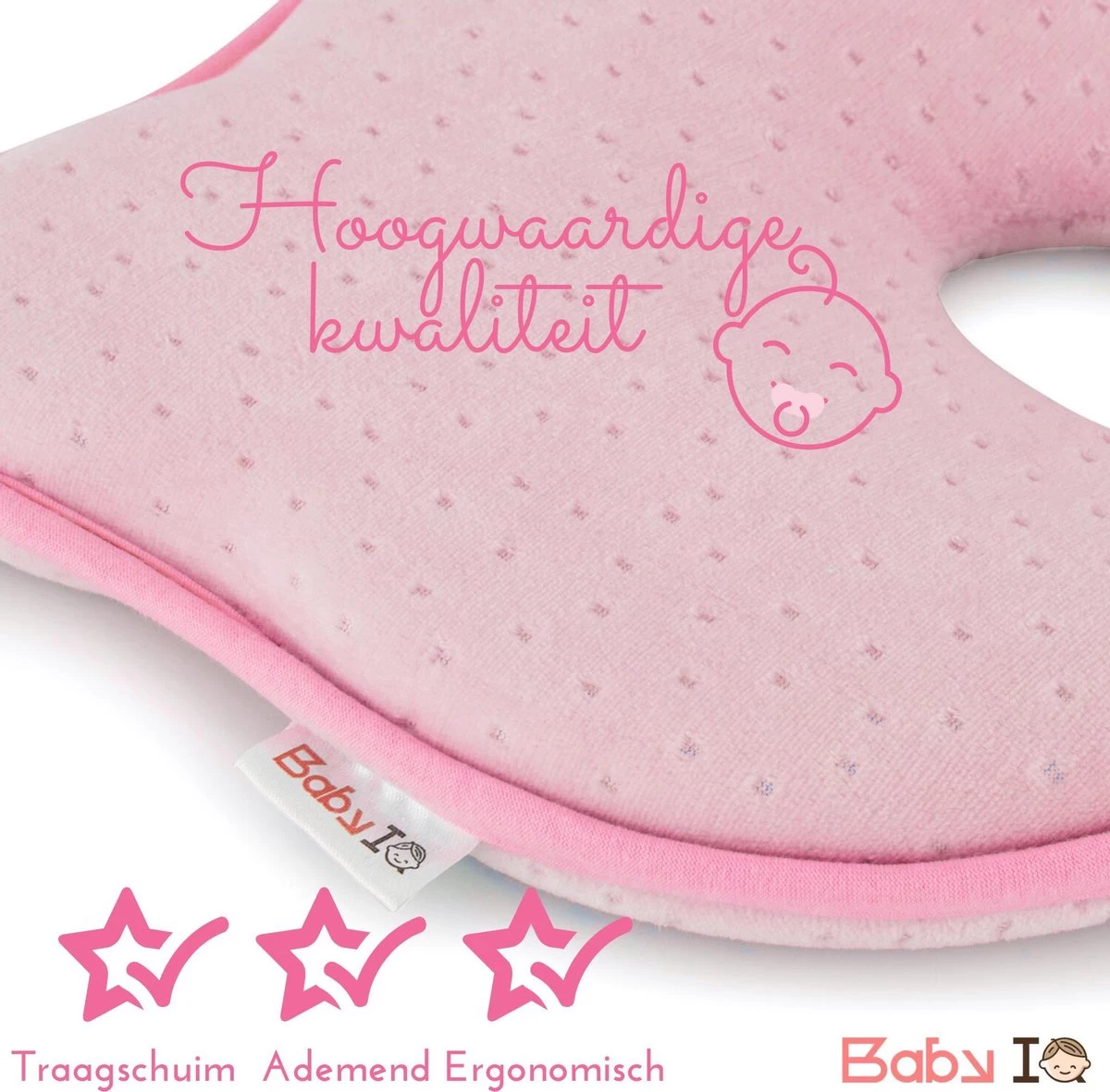 Baby IQ Orthopedisch Baby Hoofdkussen – Traagschuim – Tegen Plat Achterhoofd – Kraamcadeau –Roze – Incl Bandana Slabber - Afbeelding 9
