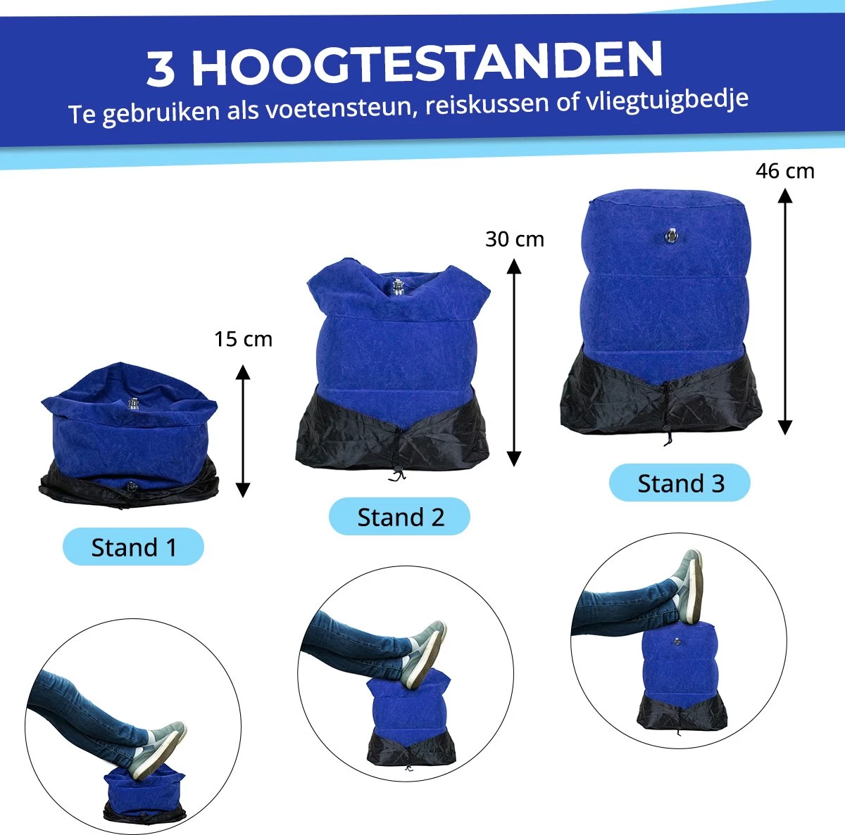 Merkloos Voetensteun - Vliegtuigbedje - Premium Quality - Reisbedje - 3 Hoogtestanden - Vliegtuig Kussen - Voetenbankje Of Poef - Met Opbergzakje & Pomp - Grijs - Afbeelding 4