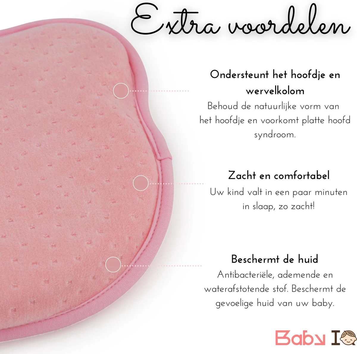 Baby IQ Orthopedisch Baby Hoofdkussen – Traagschuim – Tegen Plat Achterhoofd – Kraamcadeau –Roze – Incl Bandana Slabber - Afbeelding 14