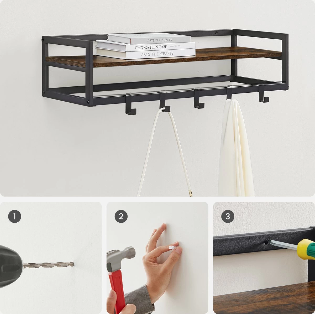 MIRA Home - Industriële Wandkapstok Met Houten Plank En 6 Haken - Zwart Metalen Frame - 80cm Breed - Afbeelding 9