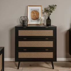 Commode 3 Tiroirs Impression Cannage Et Noir Vienna - L80 X H80 X P40 Cm