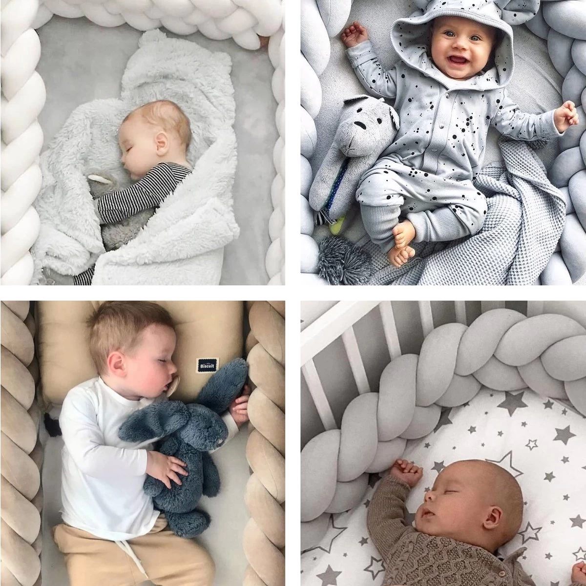 Bedbumper - Bedomrander - Bedbumper Ledikant - Bedbumper Gevlochten - Boxomrander - Babykamer Accessoires - 2 Meter - Katoen - Grijs/wit - Afbeelding 2