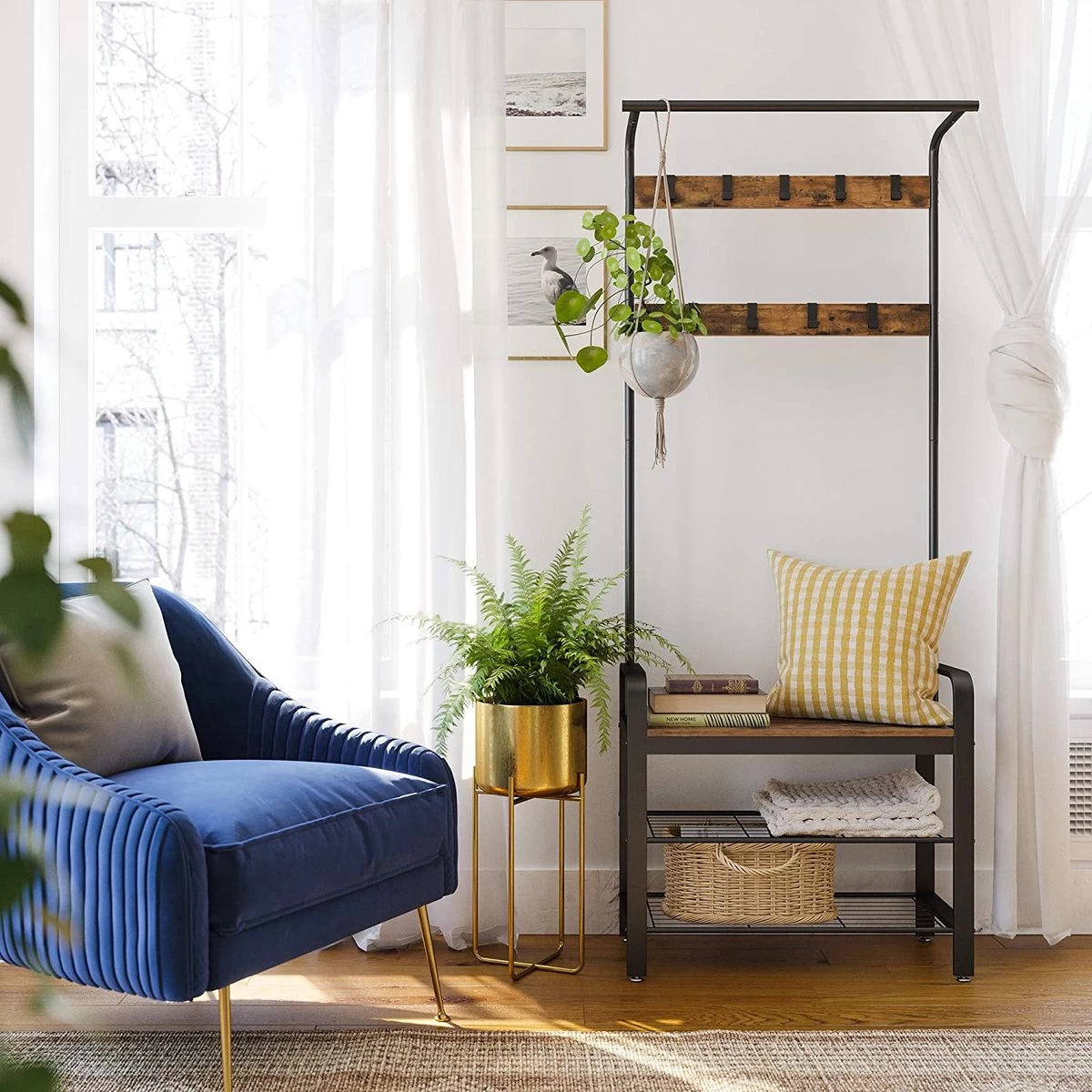 LIVILO - Garderoberek Met Kapstok - Schoenenrek - Industrieel - 183HX72B CM - Zwart - Afbeelding 6