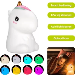Eenhoorn Nachtlampje - Oplaadbaar - Draadloos - 9 Lichtkleuren - Babykamer Lampje - Zacht Materiaal - Droomvoeding Lamp