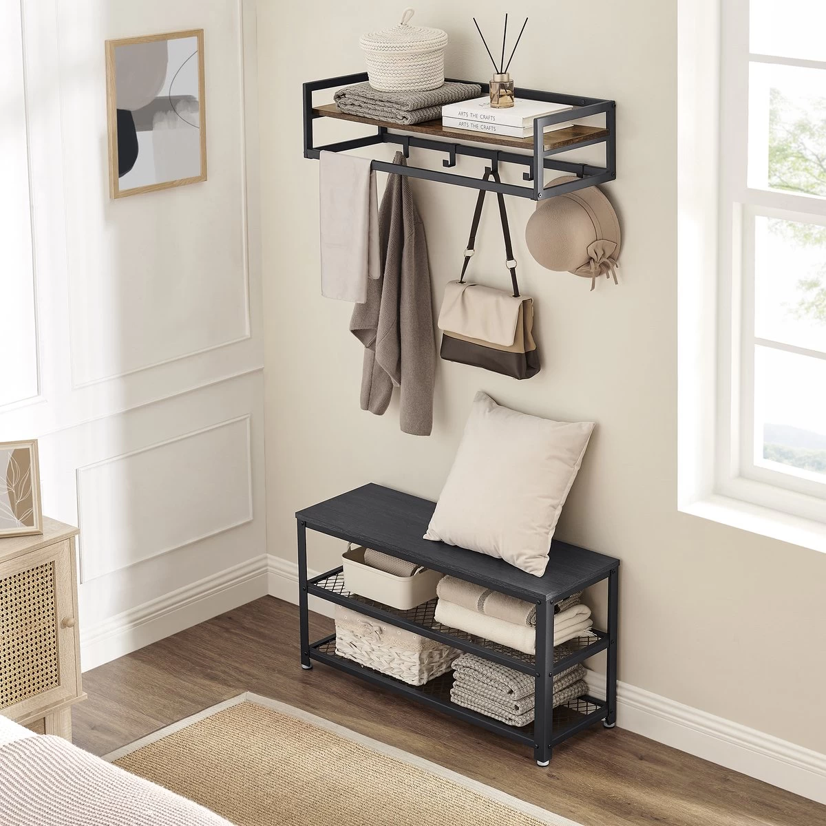 MIRA Home - Industriële Wandkapstok Met Houten Plank En 6 Haken - Zwart Metalen Frame - 80cm Breed