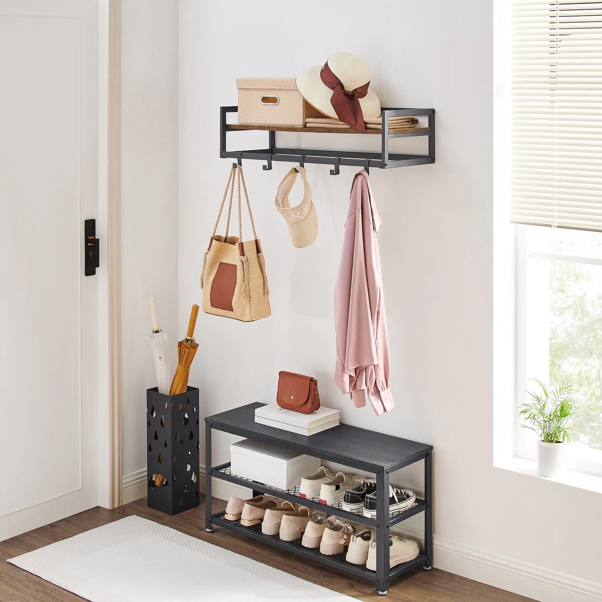 MIRA Home - Industriële Wandkapstok Met Houten Plank En 6 Haken - Zwart Metalen Frame - 80cm Breed - Afbeelding 4