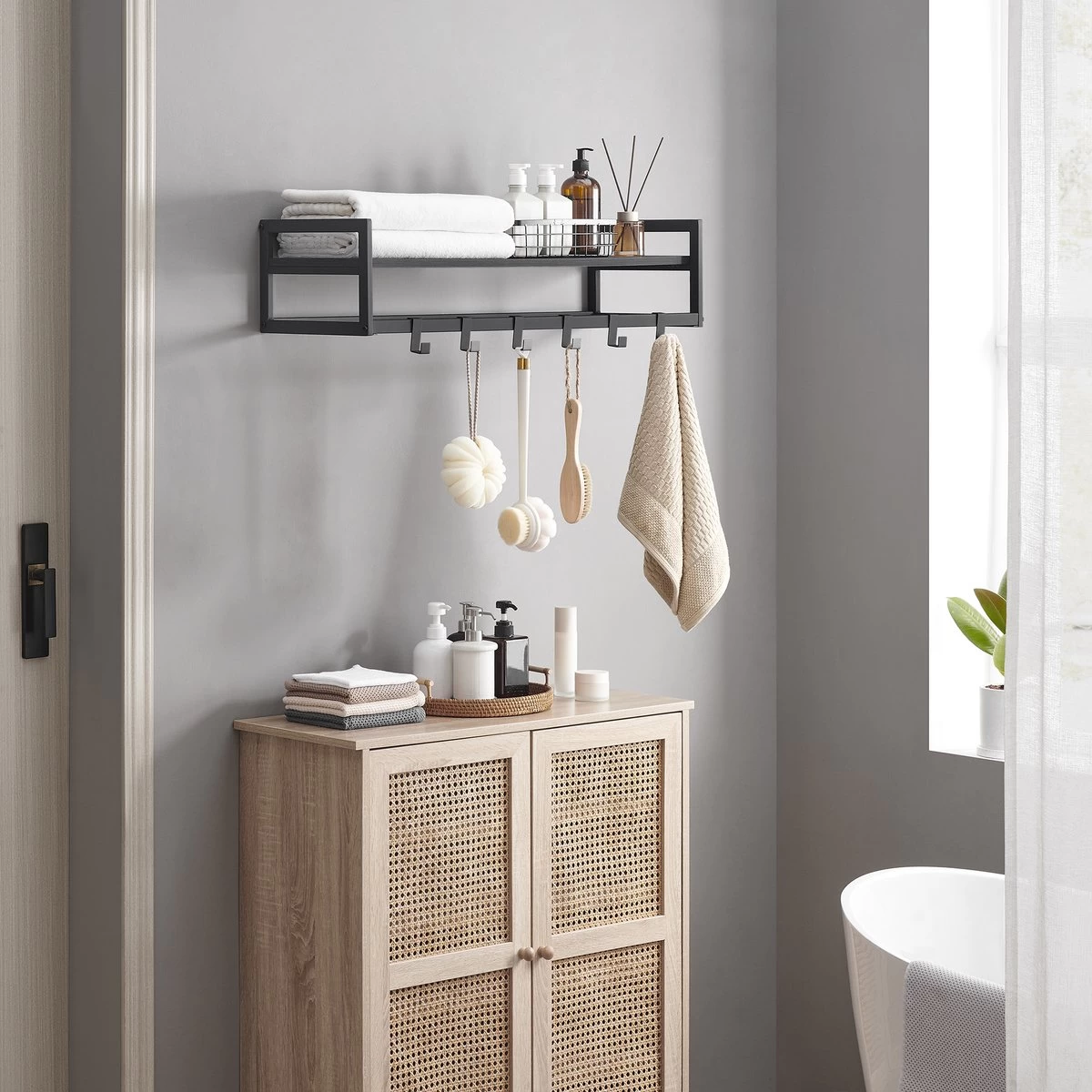 MIRA Home - Industriële Wandkapstok Met Legplank En 6 Haken - Zwart - 80cm Breed - Afbeelding 5