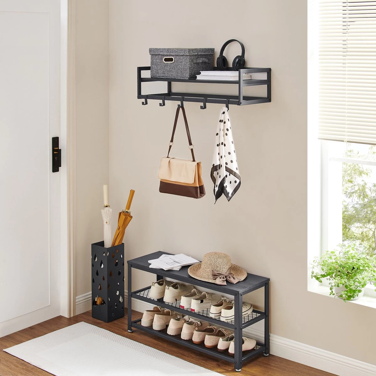 MIRA Home - Industriële Wandkapstok Met Legplank En 6 Haken - Zwart - 80cm Breed - Afbeelding 6