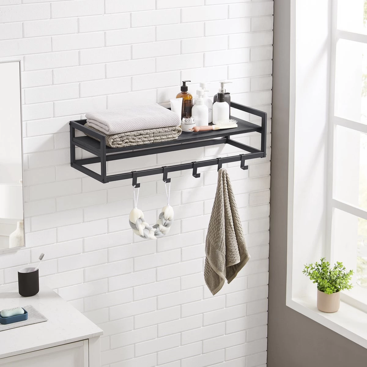 MIRA Home - Industriële Wandkapstok Met Legplank En 6 Haken - Zwart - 80cm Breed - Afbeelding 9