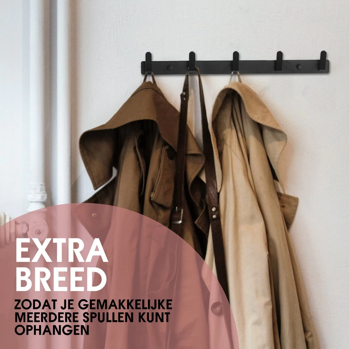 Bonoff Wandkapstok - Set Van 2 - Kapstok – Wandkapstok – Luxe Zwart Moderne Look - 5 Haaks - RVS Metaal – Kapstok Haken – Kapstok Hangend - Kapstokken - Afbeelding 6
