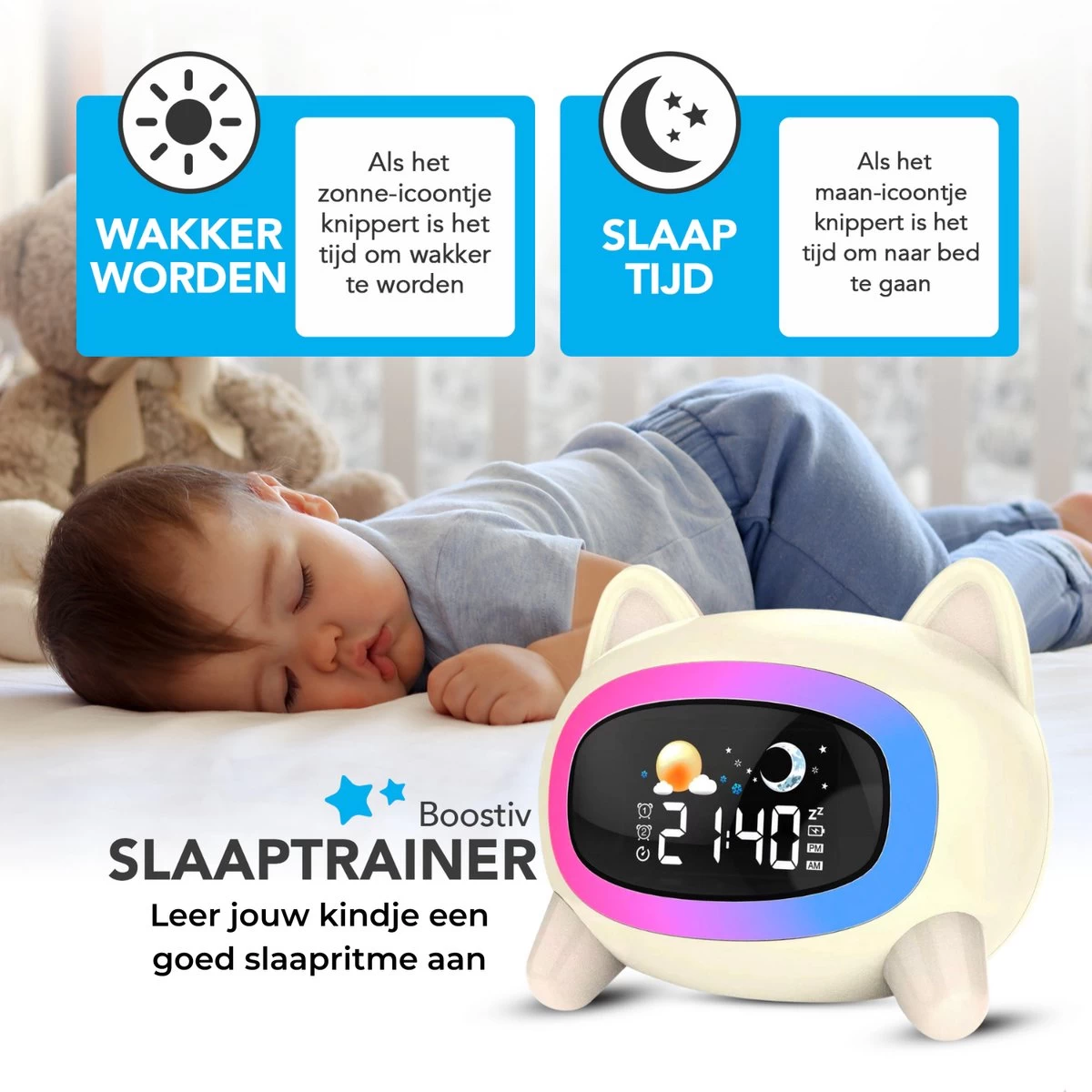 Boostiv Wake-up Light - Speaker Radio - Slaaptrainer - White Noise Machine - Bluetooth - Kinderwekker - Nachtlampje - Digitale Wekker - Afbeelding 2